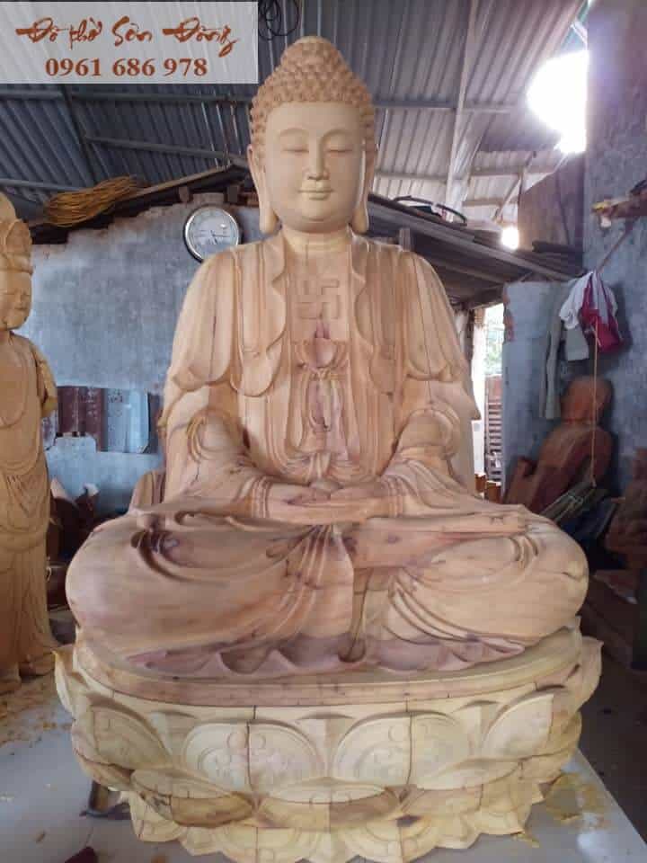 Tượng Phật A Di Đà Ngồi Đài Sen Bằng Gỗ Mít - Đồ Thờ Sơn Đồng