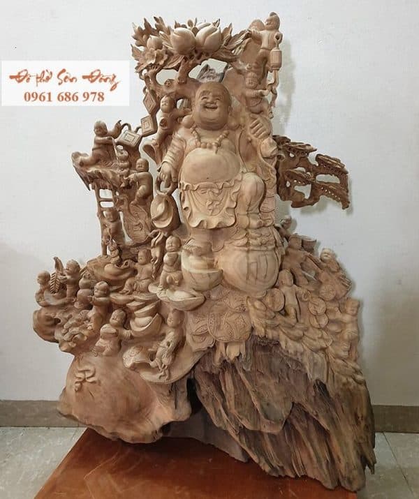 Tượng Phật Di Lặc đục 18 tiểu đồng gỗ xá xị