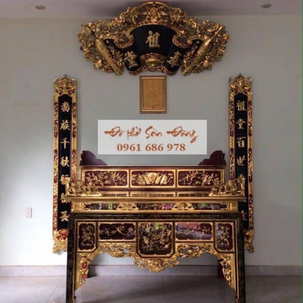 Bộ cuốn thư câu đối, bàn thờ ô xa 1 tầng sơn son thếp vàng