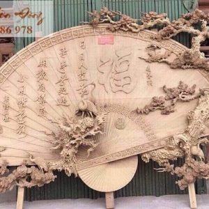 Quạt thờ khổ lớn Tùng Hạc gỗ mít, gỗ dổi, gỗ gụ